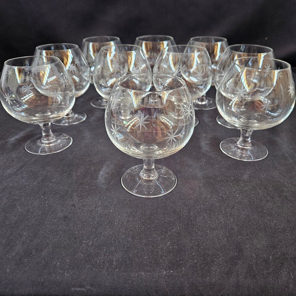Vintage Starburst‎ Etched Brandy Snifters Set of 10 MCM
